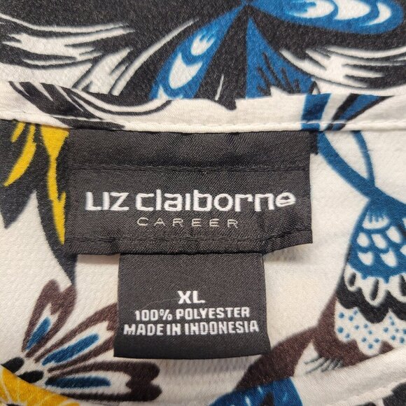 Liz Claiborne Career Extra Large Blue Yellow Floral Round Neck Longsleeve Blouse - Picture 8 of 9